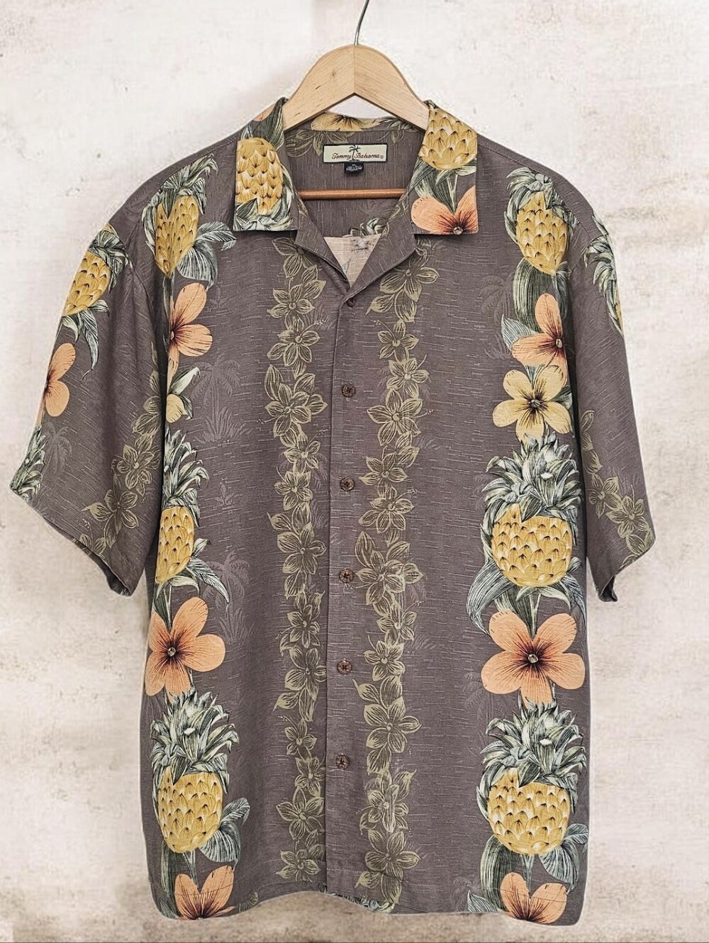 Tommy Bahama Silk Light Brown Camp Shirt with Pineapple & Floral Print XL